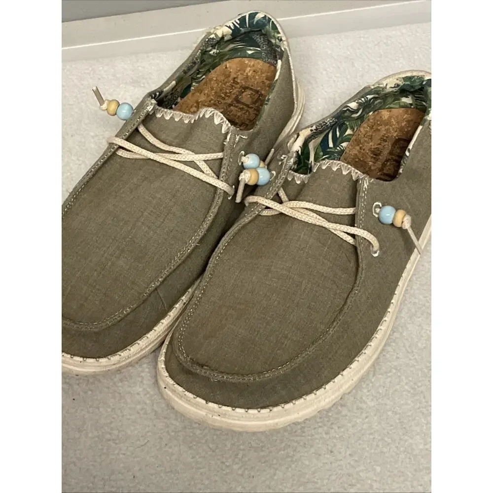 HEYDUDE Wendy Natural Rosemary Green Beaded Slip On Shoes Women's Size US 10